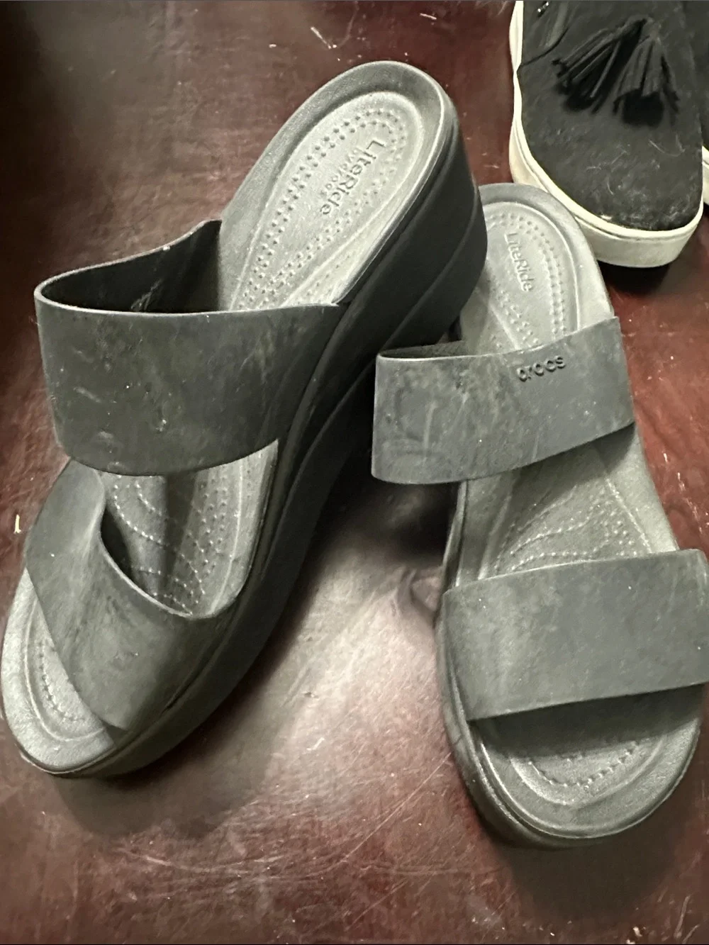 CROCS Women’s Charcoal Double-Strap Wedge Slides